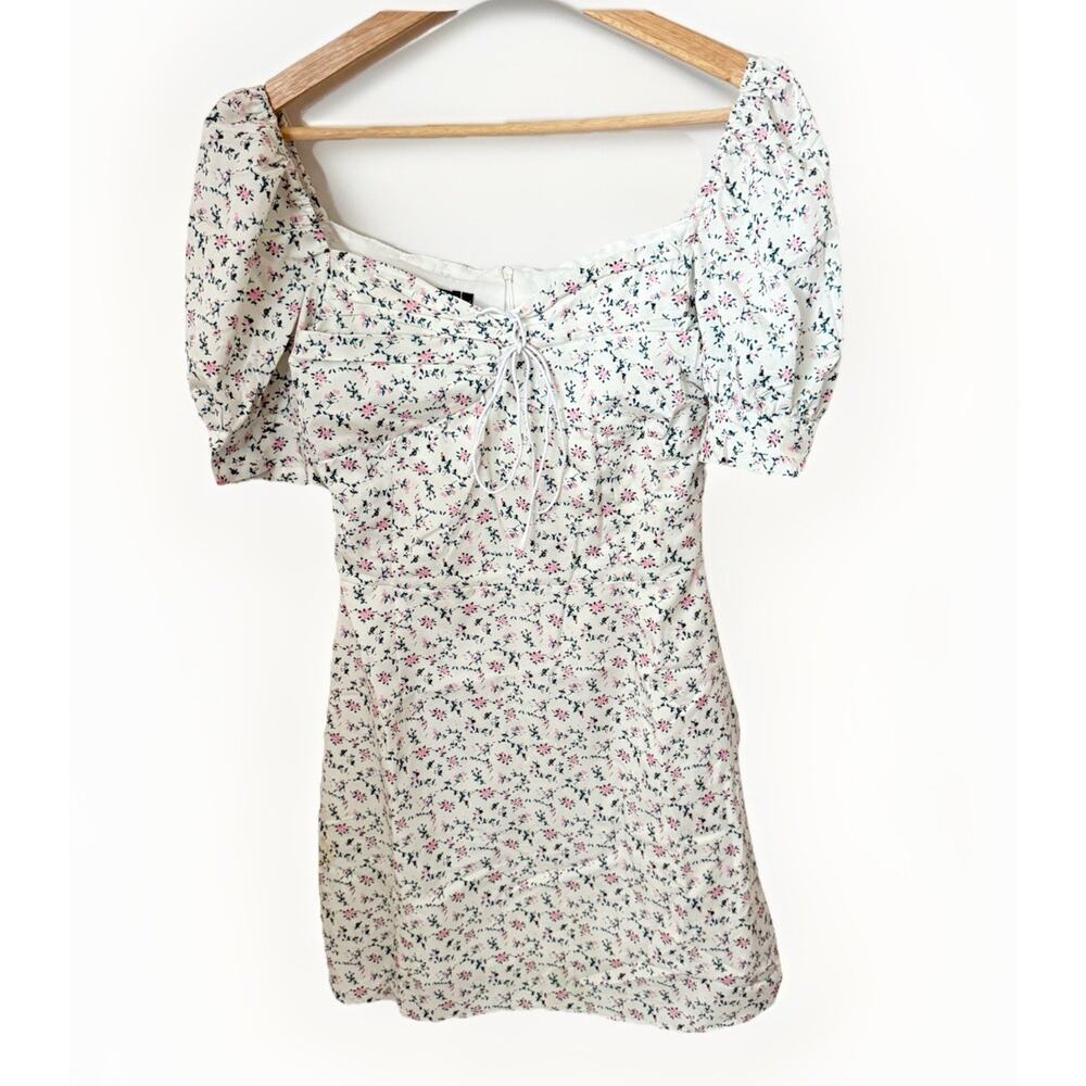 Sweetheart Neck Floral Puff Short Sleeve Bodycon Mini Babydoll Milkmaid Dress Lg